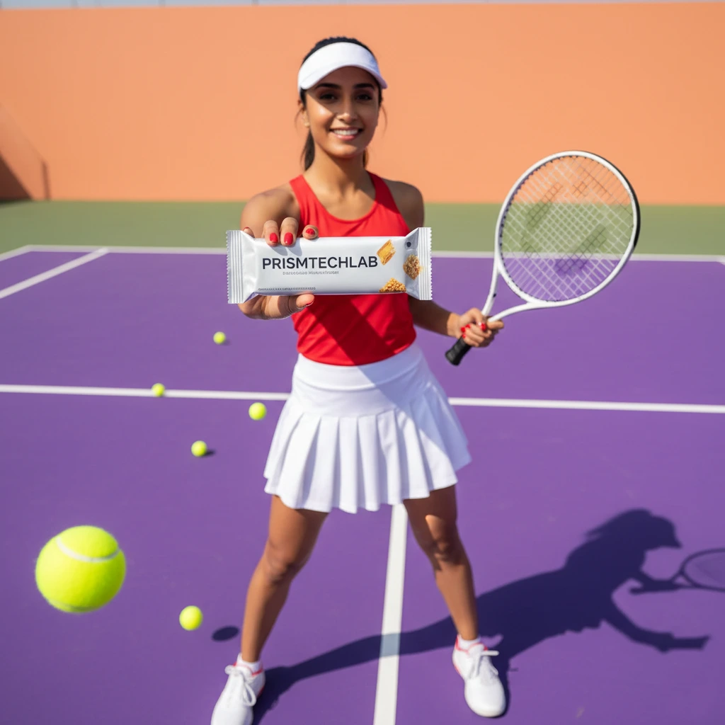 Young athletic woman in a red top and white tennis skirt smiling on a purple tennis court, holding a Prismtechlab snack bar toward the camera in a sharp-focus foreground with a blurred peach-wall background.